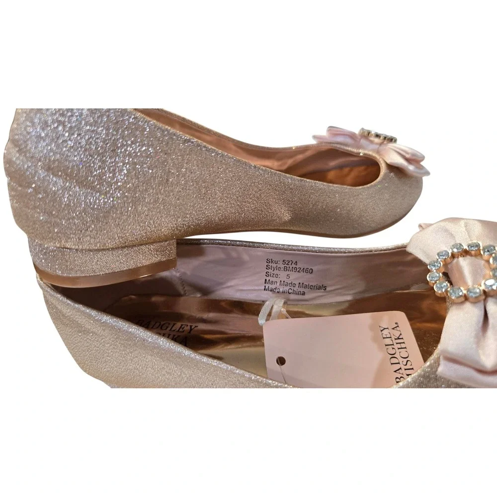 Badgley Mischka Girls Champagne Gold Glitter Bow Dress Flats BM92460 Size 5